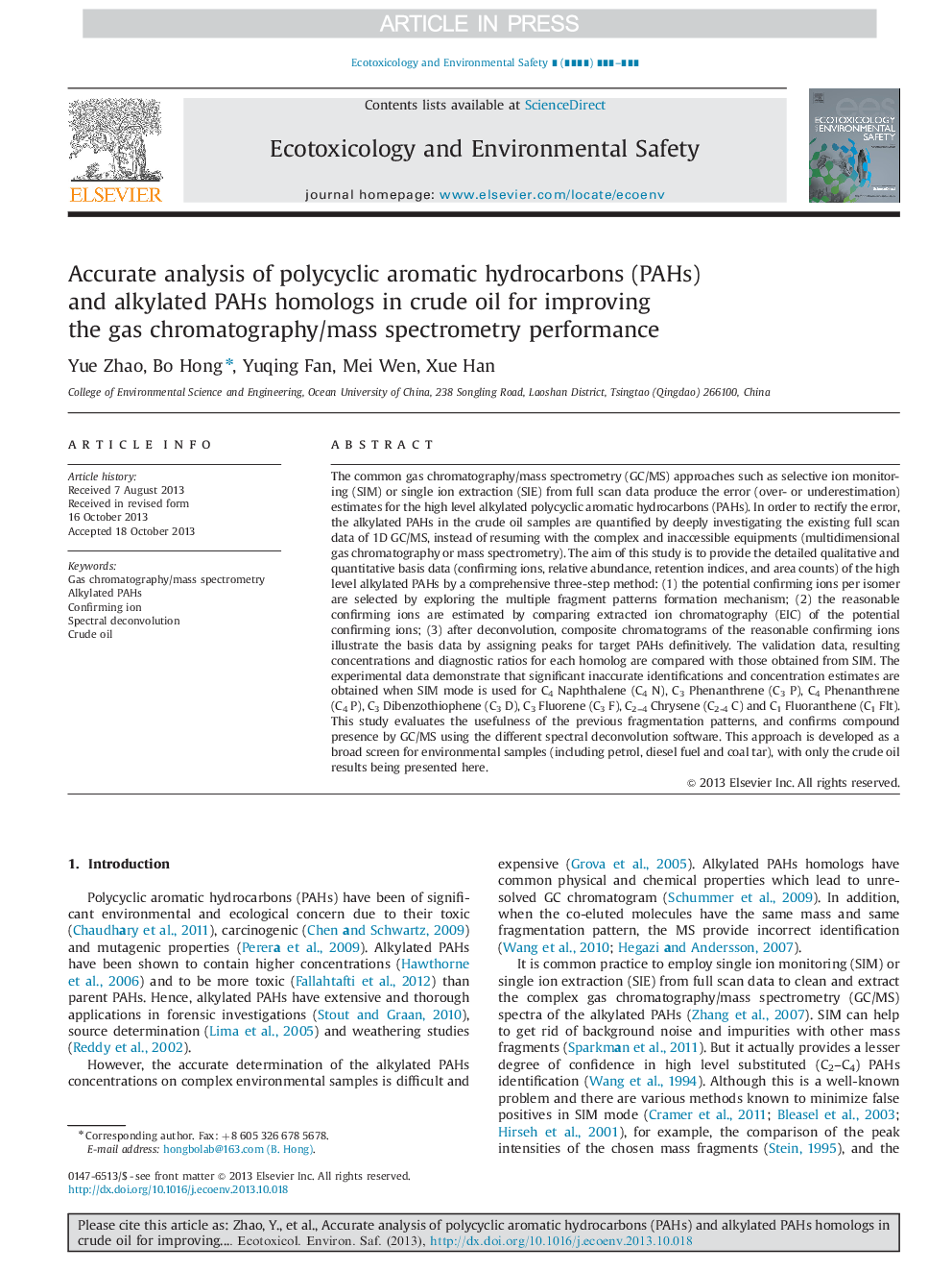 Accurate analysis of polycyclic aromatic hydrocarbons (PAHs) and alkylated PAHs homologs in crude oil for improving the gas chromatography/mass spectrometry performance