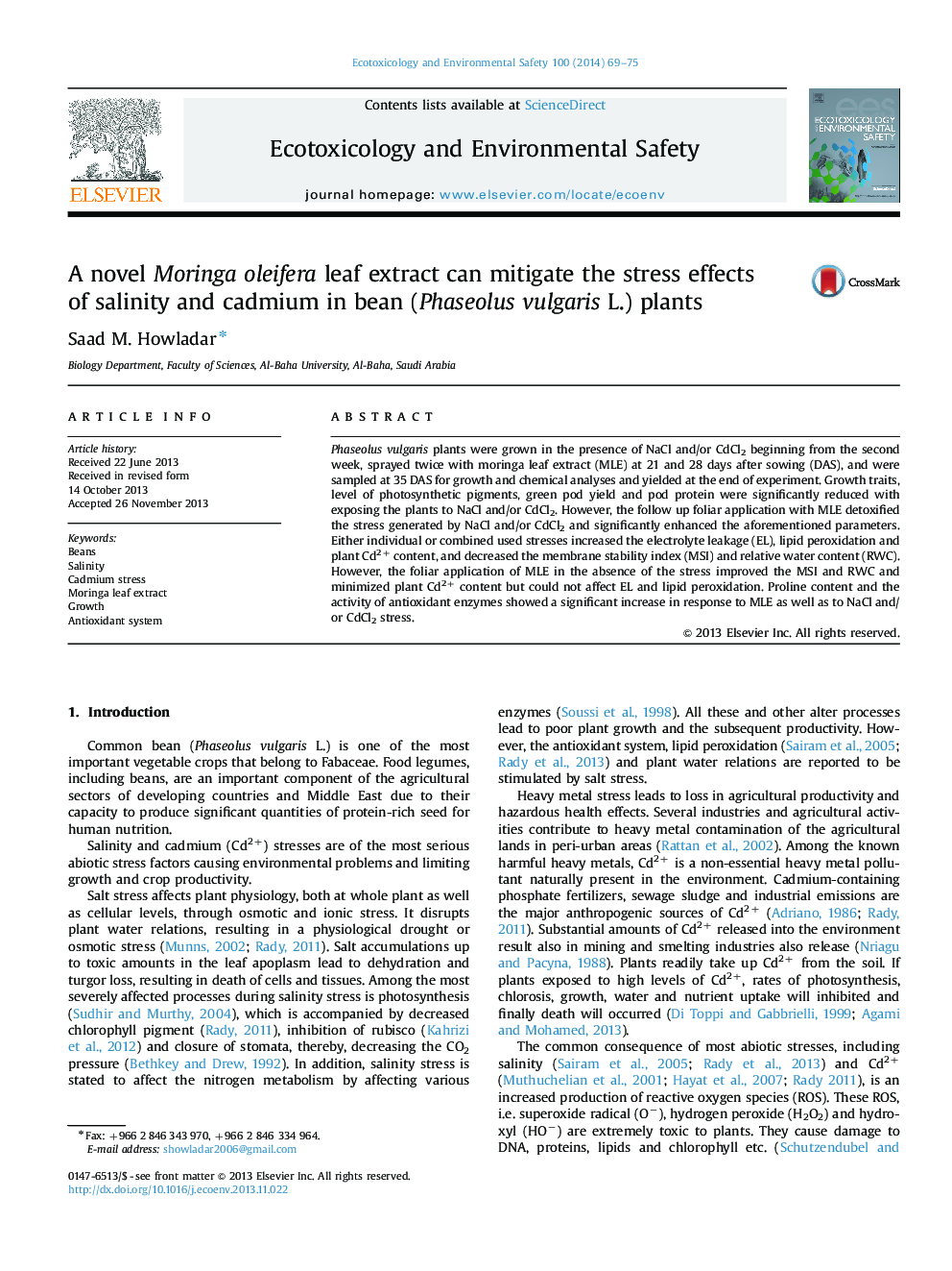 A novel Moringa oleifera leaf extract can mitigate the stress effects of salinity and cadmium in bean (Phaseolus vulgaris L.) plants