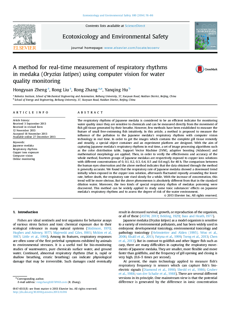 A method for real-time measurement of respiratory rhythms in medaka (Oryzias latipes) using computer vision for water quality monitoring