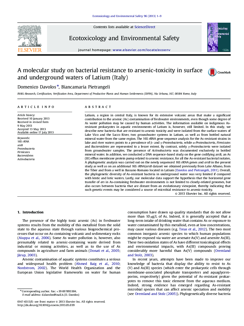 A molecular study on bacterial resistance to arsenic-toxicity in surface and underground waters of Latium (Italy)