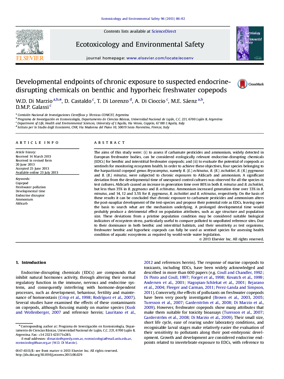 Developmental endpoints of chronic exposure to suspected endocrine-disrupting chemicals on benthic and hyporheic freshwater copepods