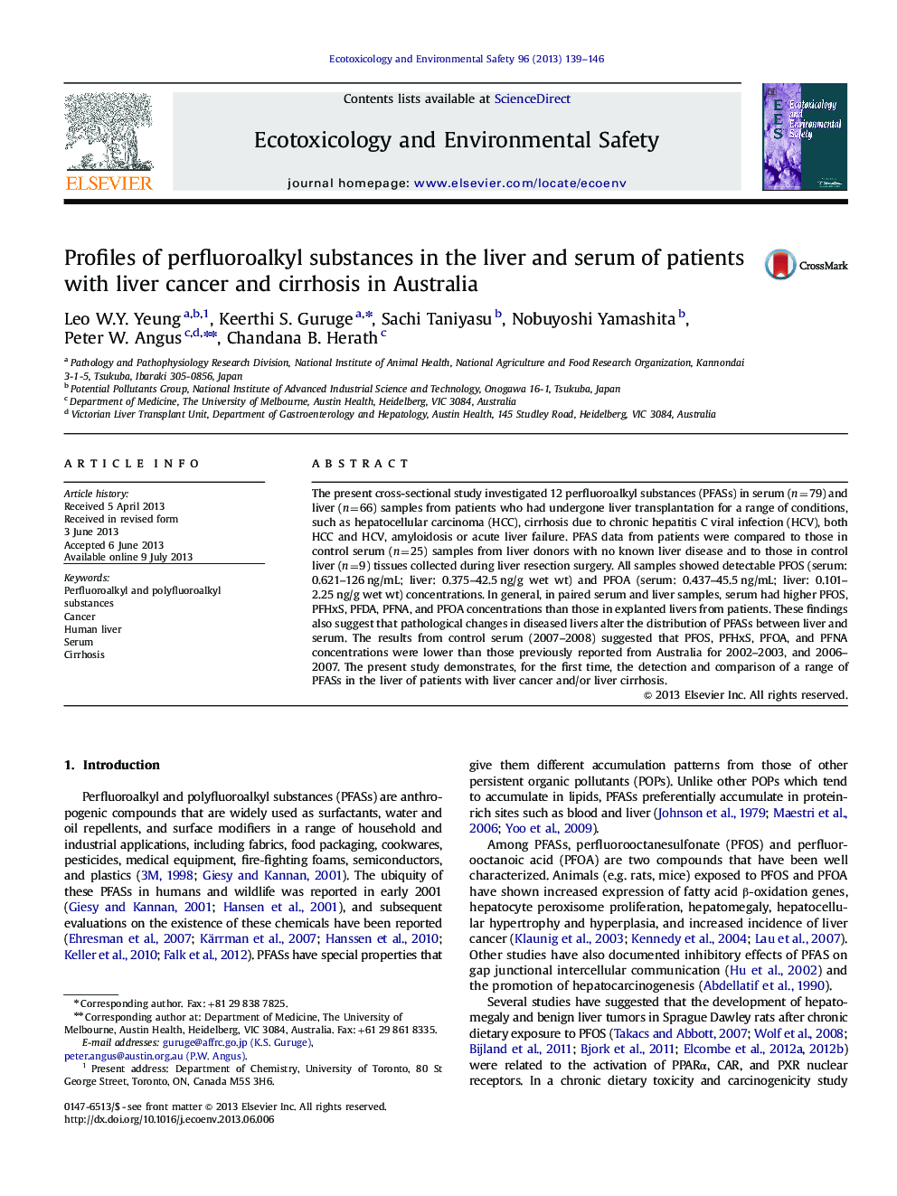 Profiles of perfluoroalkyl substances in the liver and serum of patients with liver cancer and cirrhosis in Australia