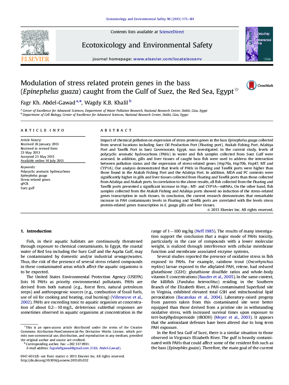 Modulation of stress related protein genes in the bass (Epinephelus guaza) caught from the Gulf of Suez, the Red Sea, Egypt