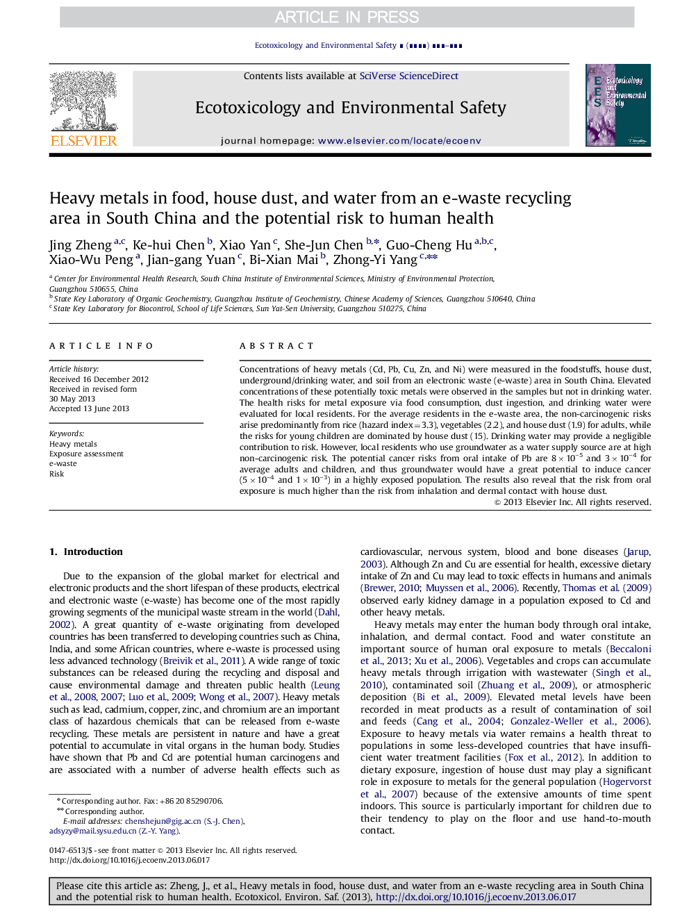 Heavy metals in food, house dust, and water from an e-waste recycling area in South China and the potential risk to human health