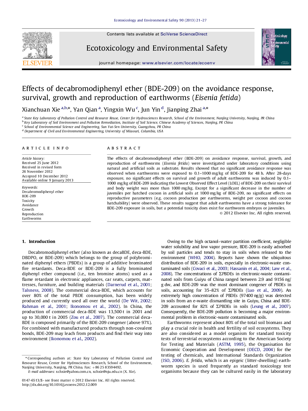 Effects of decabromodiphenyl ether (BDE-209) on the avoidance response, survival, growth and reproduction of earthworms (Eisenia fetida)