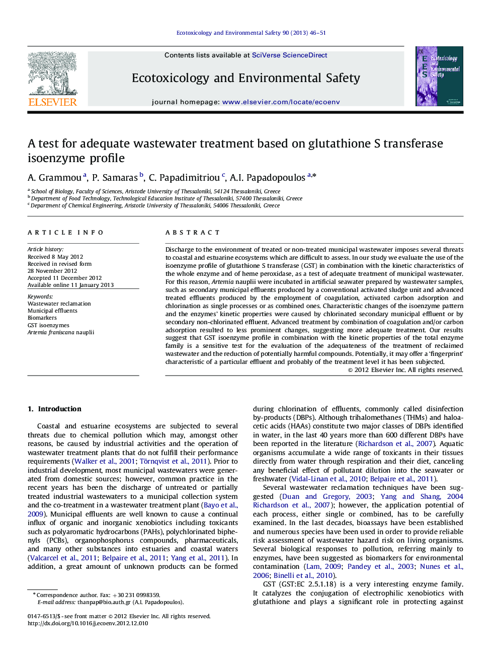 A test for adequate wastewater treatment based on glutathione S transferase isoenzyme profile