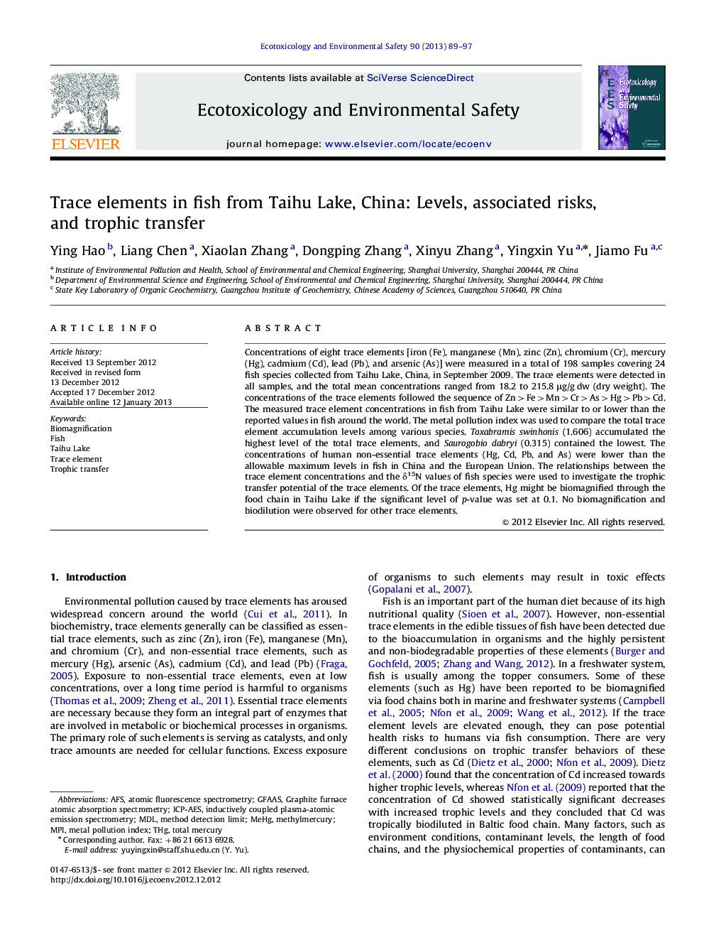 Trace elements in fish from Taihu Lake, China: Levels, associated risks, and trophic transfer