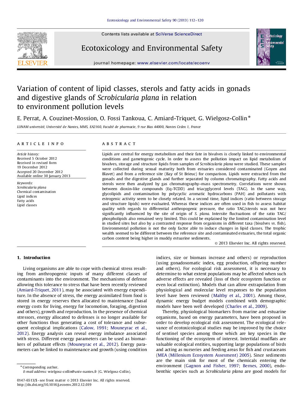 Variation of content of lipid classes, sterols and fatty acids in gonads and digestive glands of Scrobicularia plana in relation to environment pollution levels