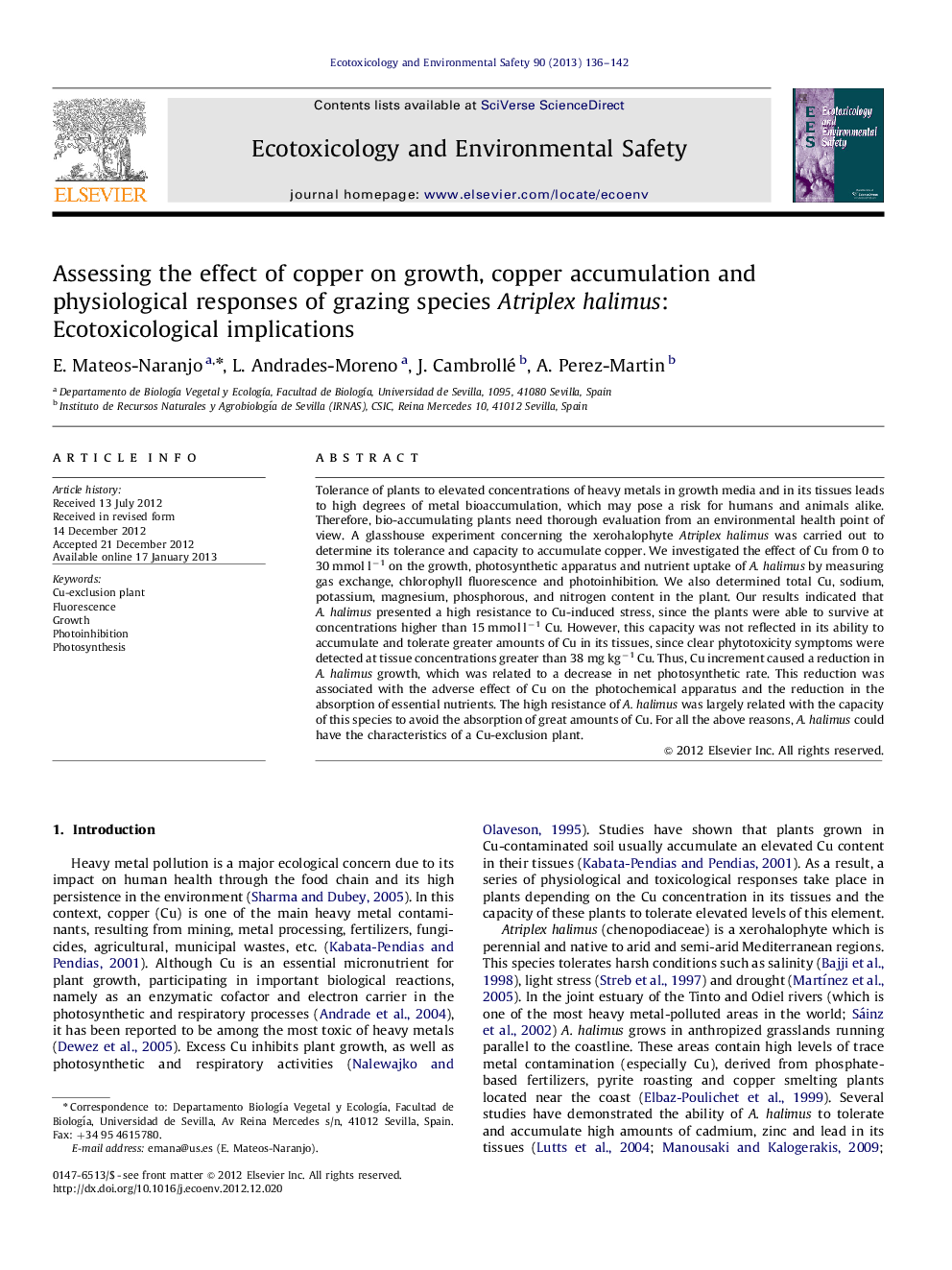 عکس صفحه اول مقاله: Assessing the effect of copper on growth, copper accumulation and physiological responses of grazing species Atriplex halimus: Ecotoxicological implications Assessing the effect of copper on growth, copper accumulation and physiological responses of grazing species Atriplex halimus: Ecotoxicological implications
