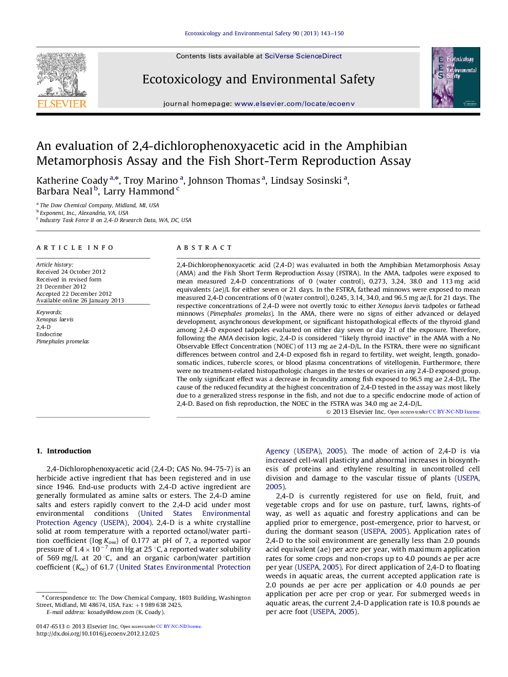 An evaluation of 2,4-dichlorophenoxyacetic acid in the Amphibian Metamorphosis Assay and the Fish Short-Term Reproduction Assay