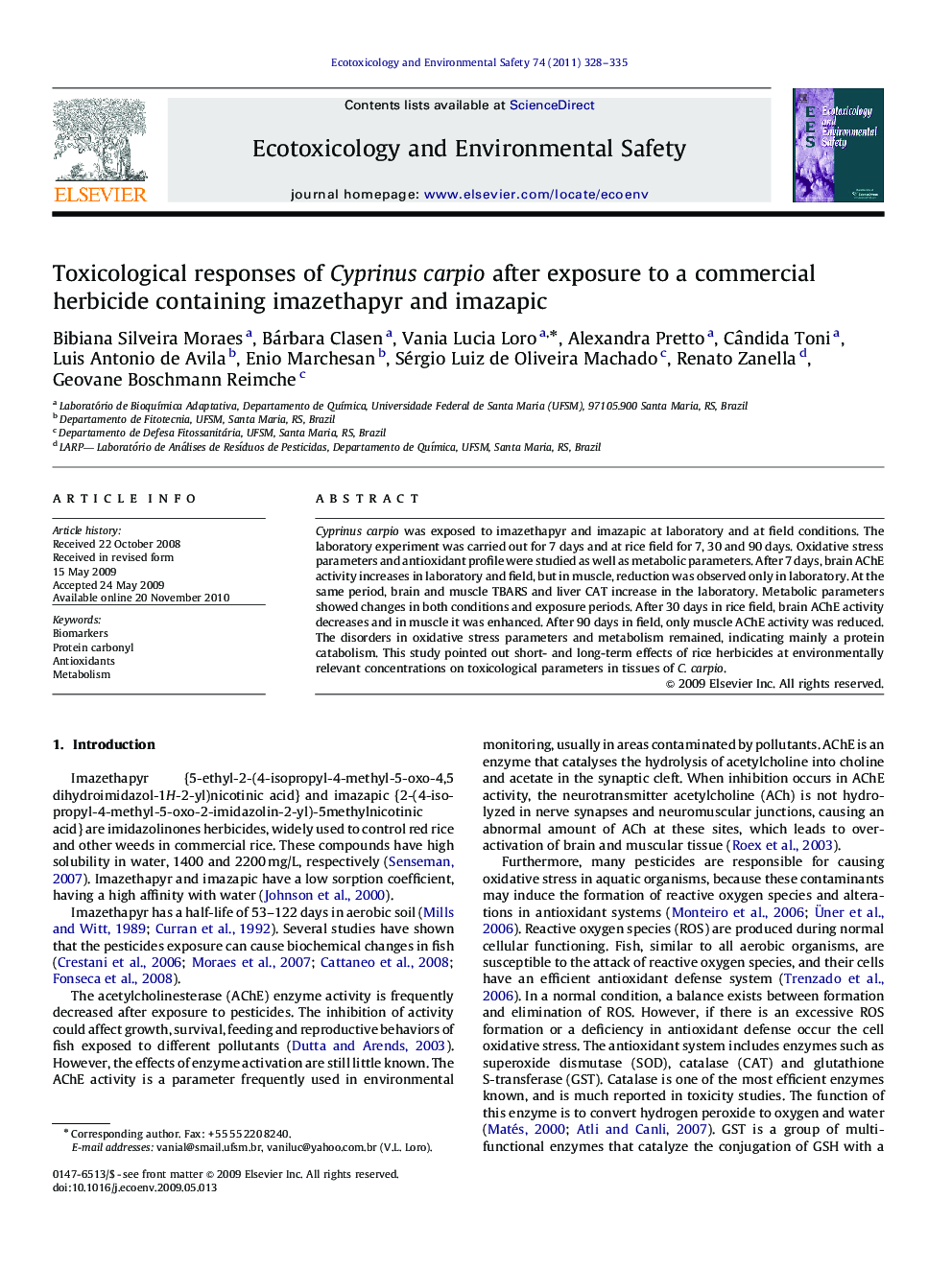 Toxicological responses of Cyprinus carpio after exposure to a commercial herbicide containing imazethapyr and imazapic