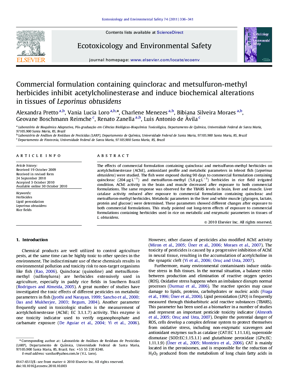 Commercial formulation containing quinclorac and metsulfuron-methyl herbicides inhibit acetylcholinesterase and induce biochemical alterations in tissues of Leporinus obtusidens