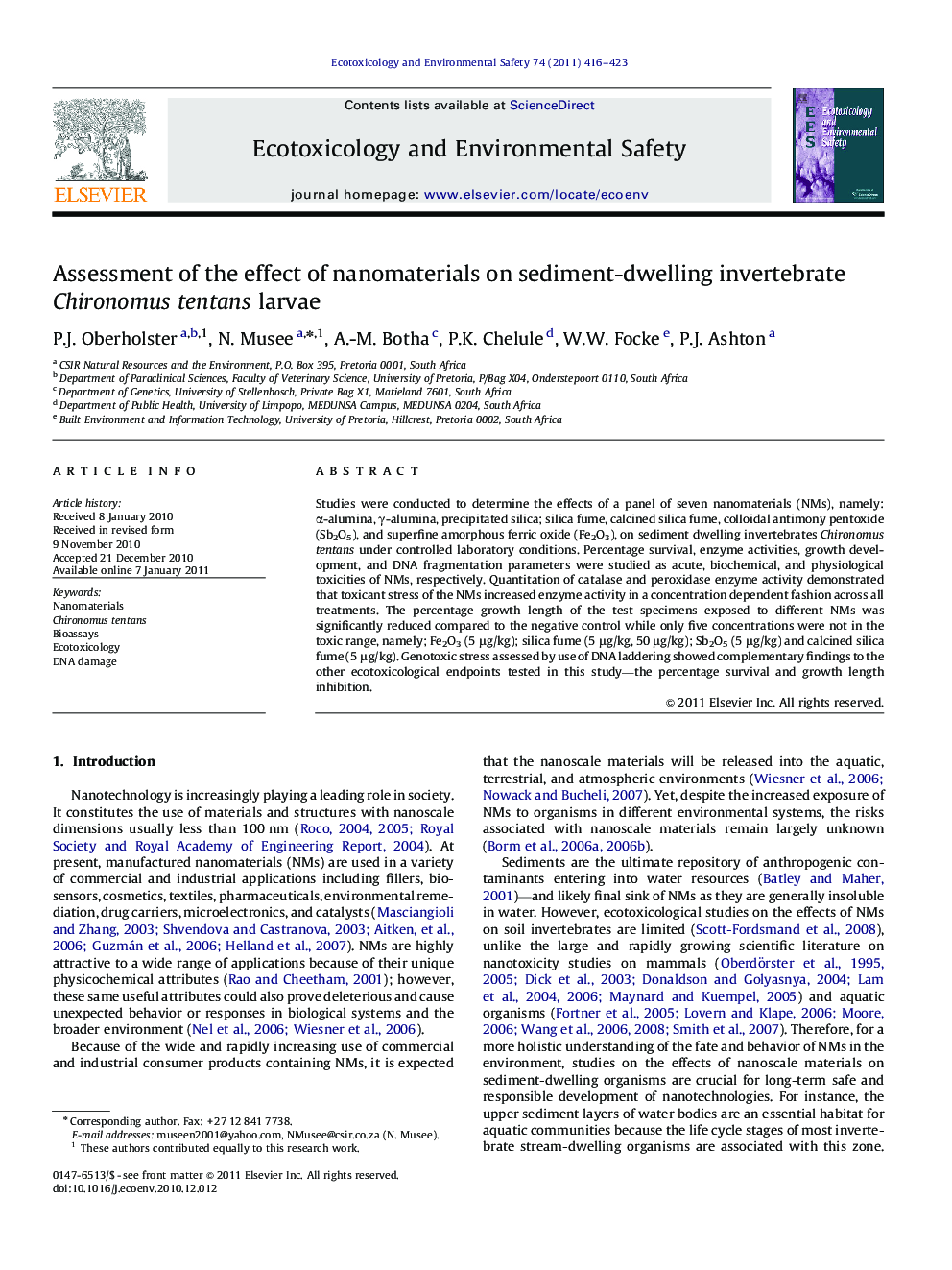 Assessment of the effect of nanomaterials on sediment-dwelling invertebrate Chironomus tentans larvae