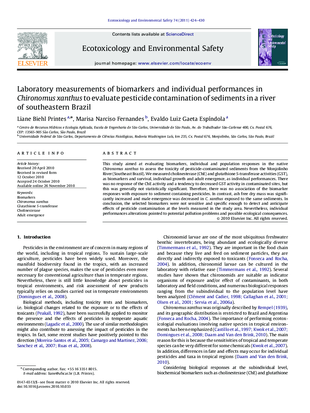 Laboratory measurements of biomarkers and individual performances in Chironomus xanthus to evaluate pesticide contamination of sediments in a river of southeastern Brazil