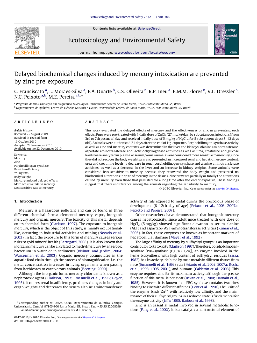 Delayed biochemical changes induced by mercury intoxication are prevented by zinc pre-exposure