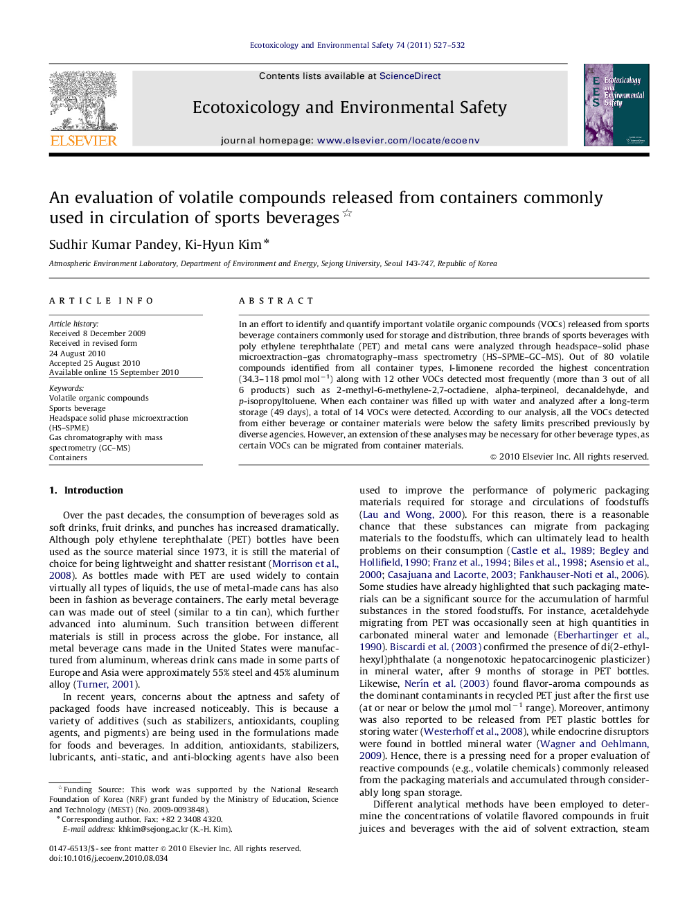 An evaluation of volatile compounds released from containers commonly used in circulation of sports beverages