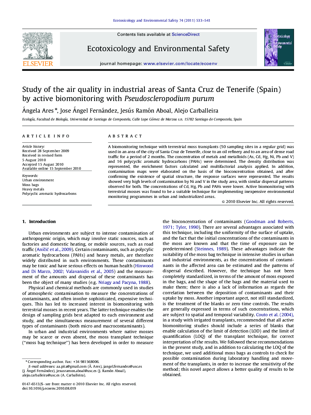 Study of the air quality in industrial areas of Santa Cruz de Tenerife (Spain) by active biomonitoring with Pseudoscleropodium purum