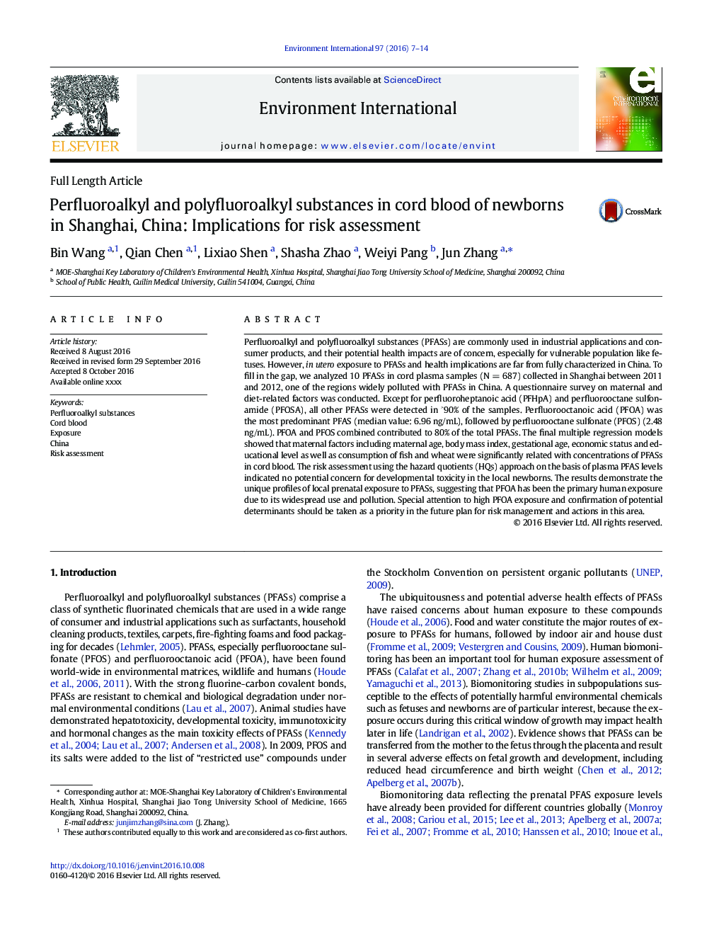 Perfluoroalkyl and polyfluoroalkyl substances in cord blood of newborns in Shanghai, China: Implications for risk assessment