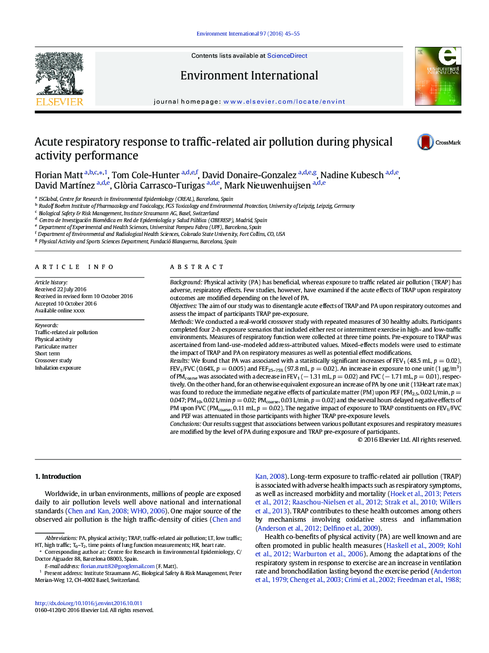 Acute respiratory response to traffic-related air pollution during physical activity performance