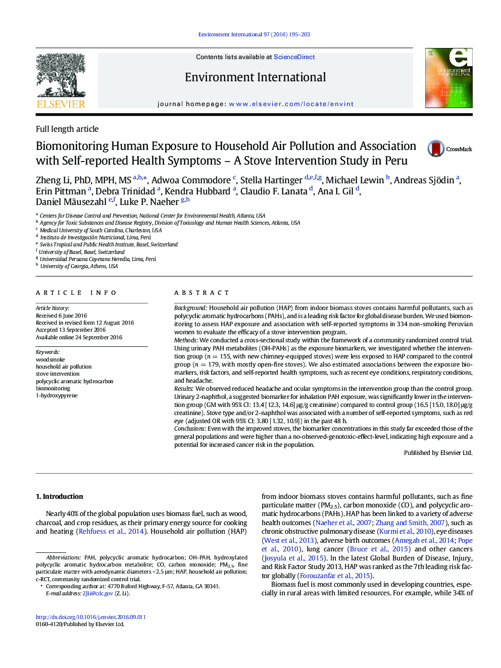 Full length articleBiomonitoring Human Exposure to Household Air Pollution and Association with Self-reported Health Symptoms - A Stove Intervention Study in Peru