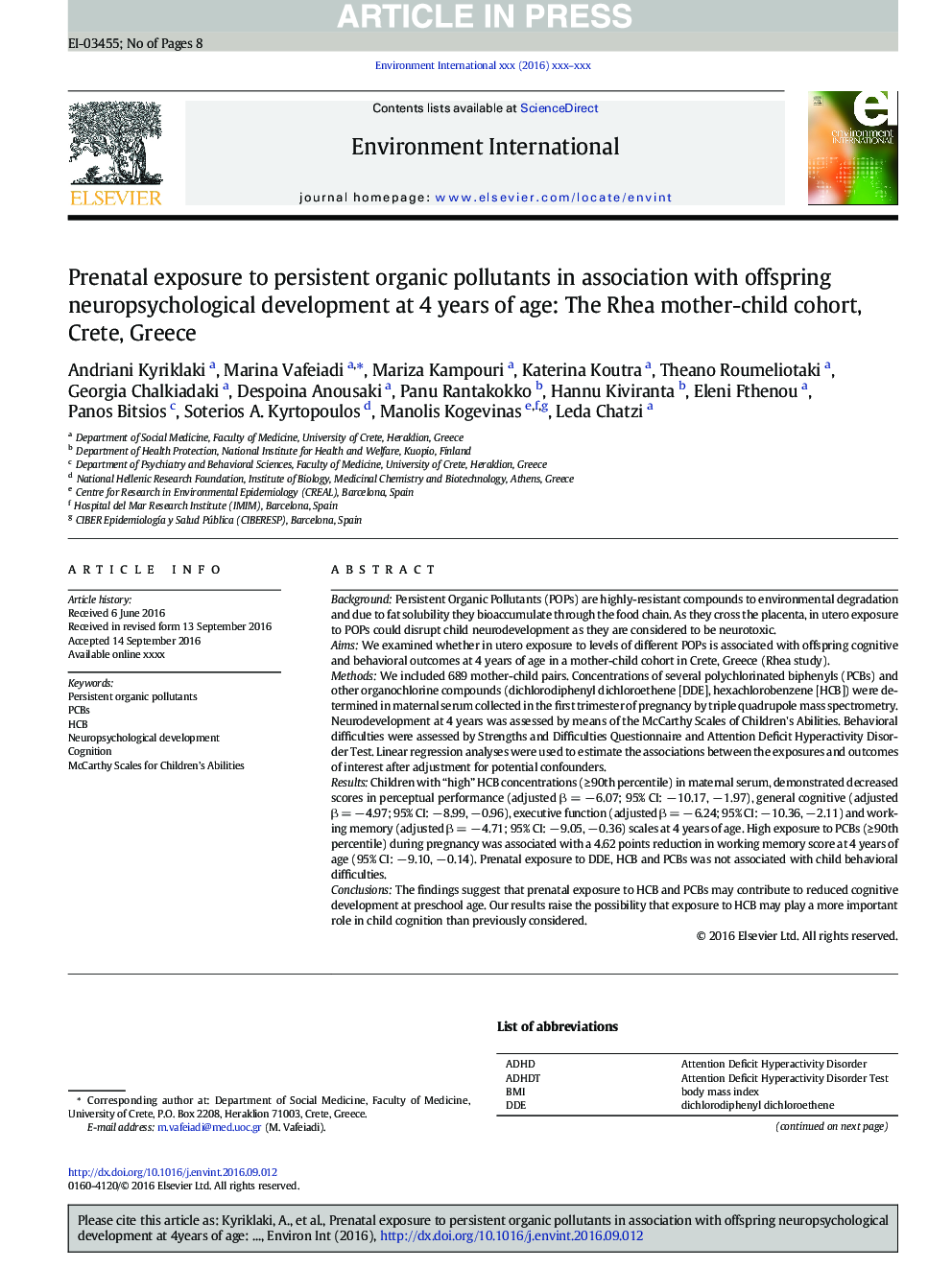 Prenatal exposure to persistent organic pollutants in association with offspring neuropsychological development at 4Â years of age: The Rhea mother-child cohort, Crete, Greece