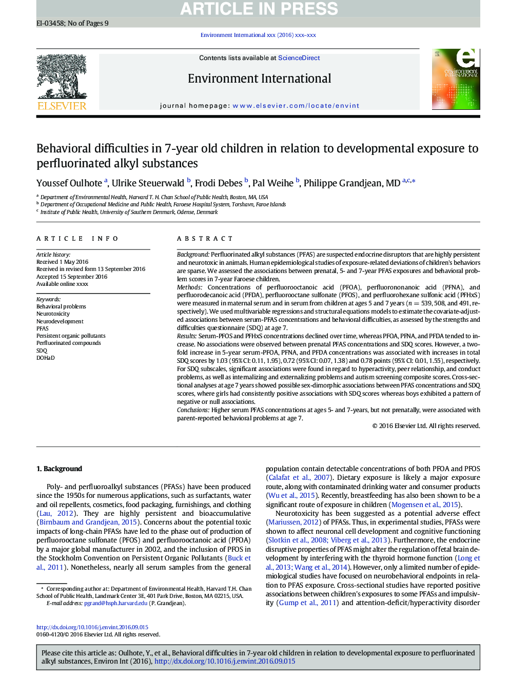 Behavioral difficulties in 7-year old children in relation to developmental exposure to perfluorinated alkyl substances