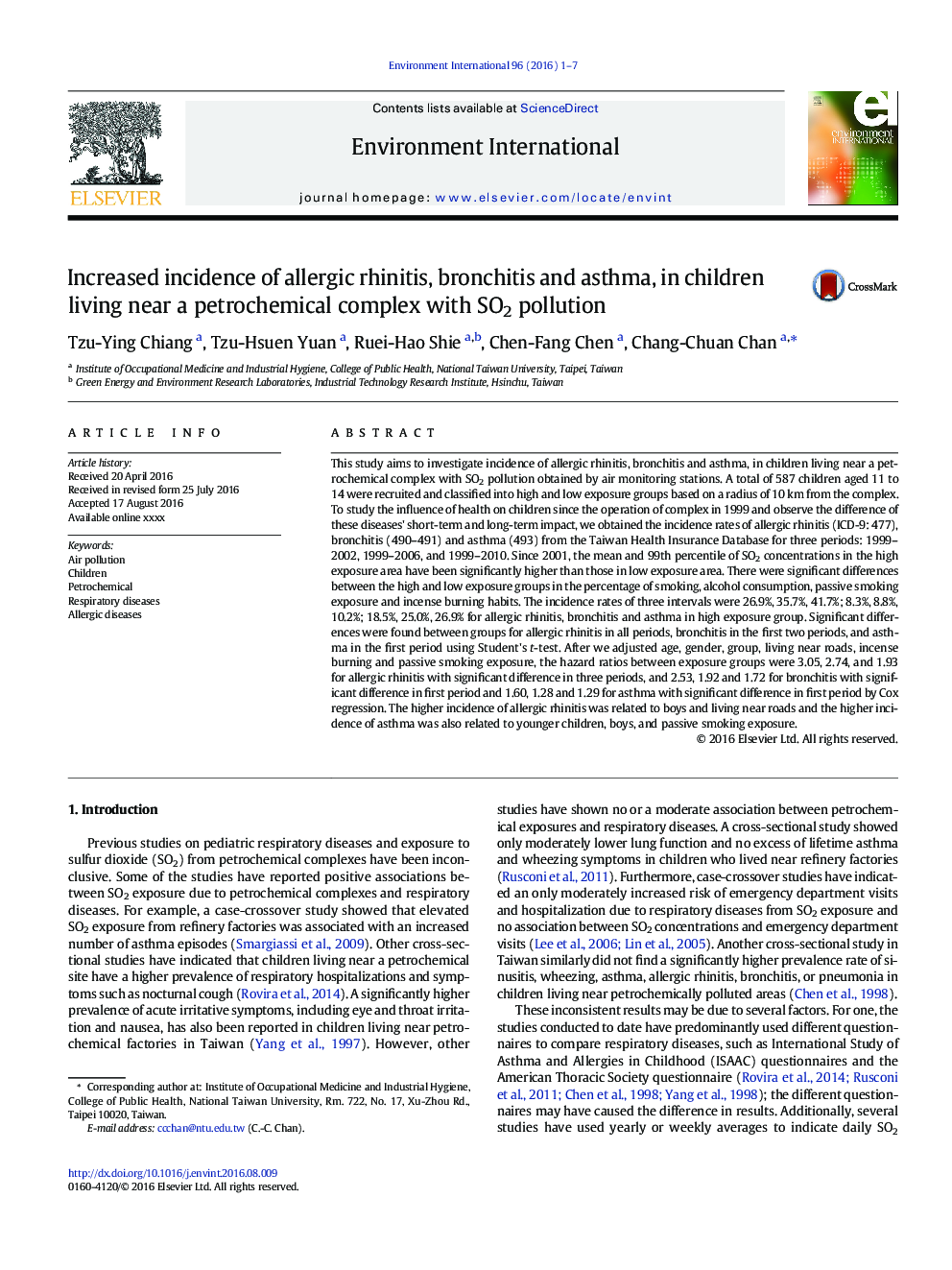 Increased incidence of allergic rhinitis, bronchitis and asthma, in children living near a petrochemical complex with SO2 pollution