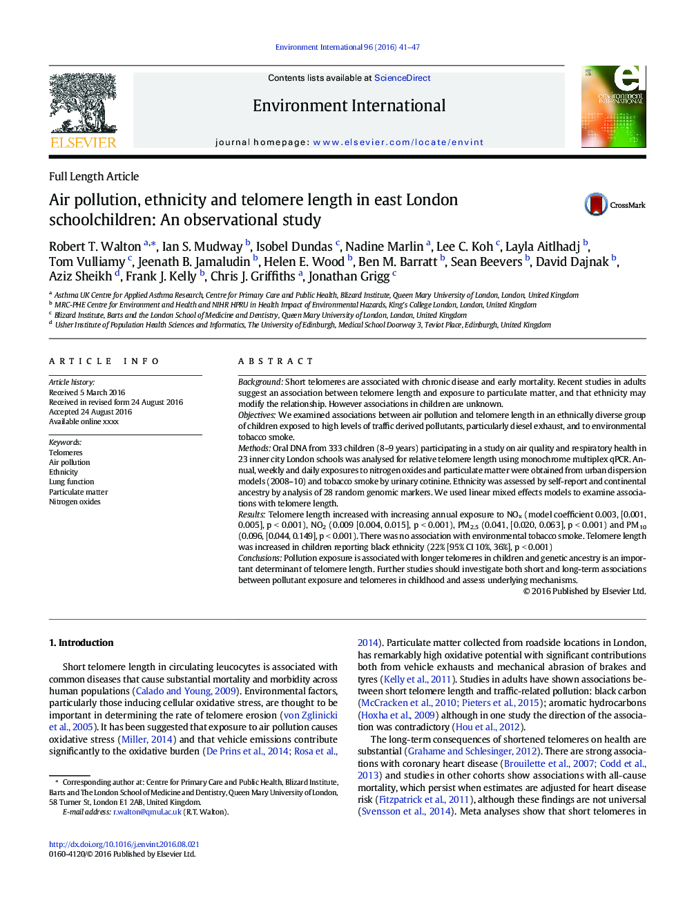 Air pollution, ethnicity and telomere length in east London schoolchildren: An observational study