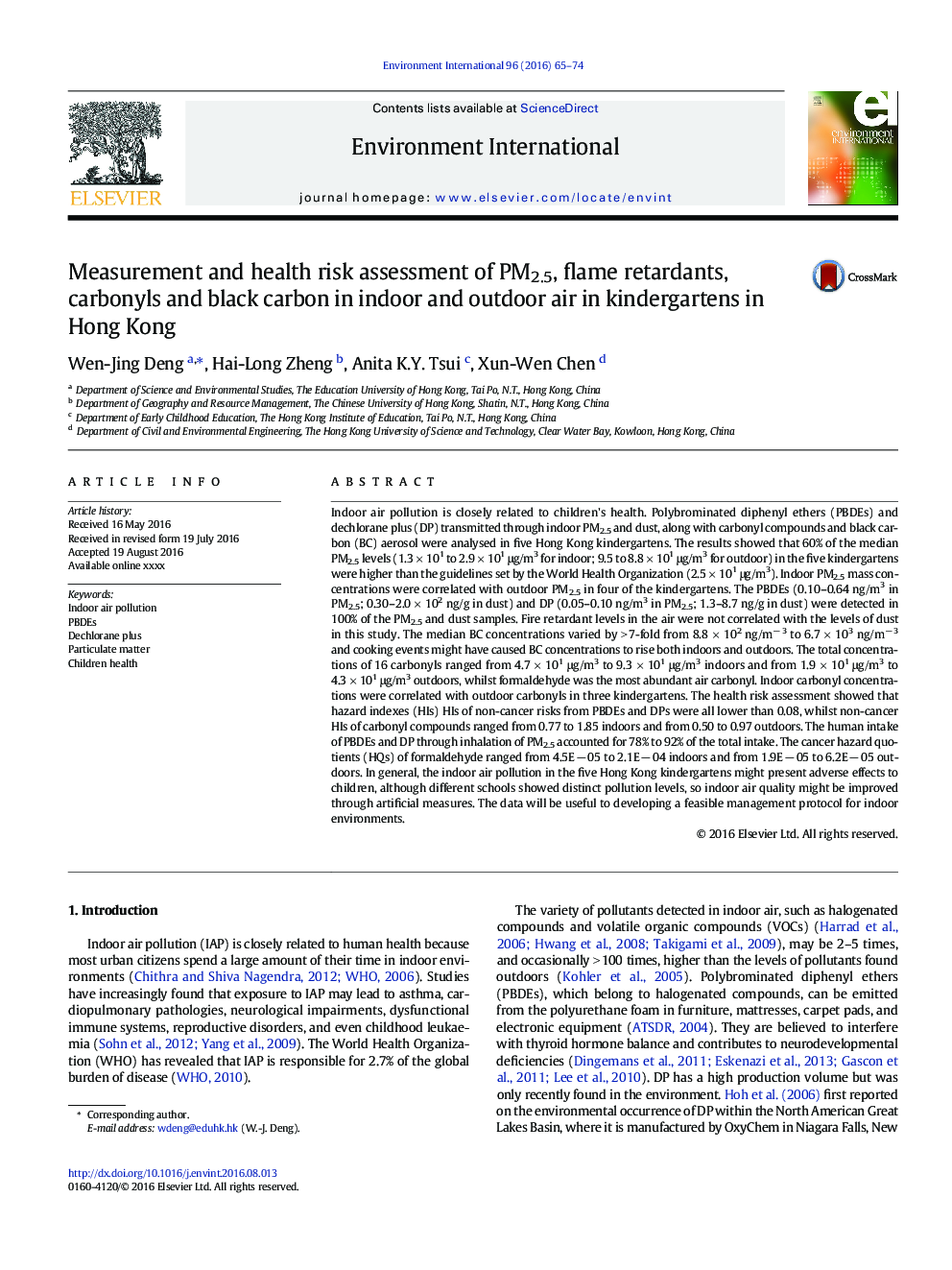 Measurement and health risk assessment of PM2.5, flame retardants, carbonyls and black carbon in indoor and outdoor air in kindergartens in Hong Kong