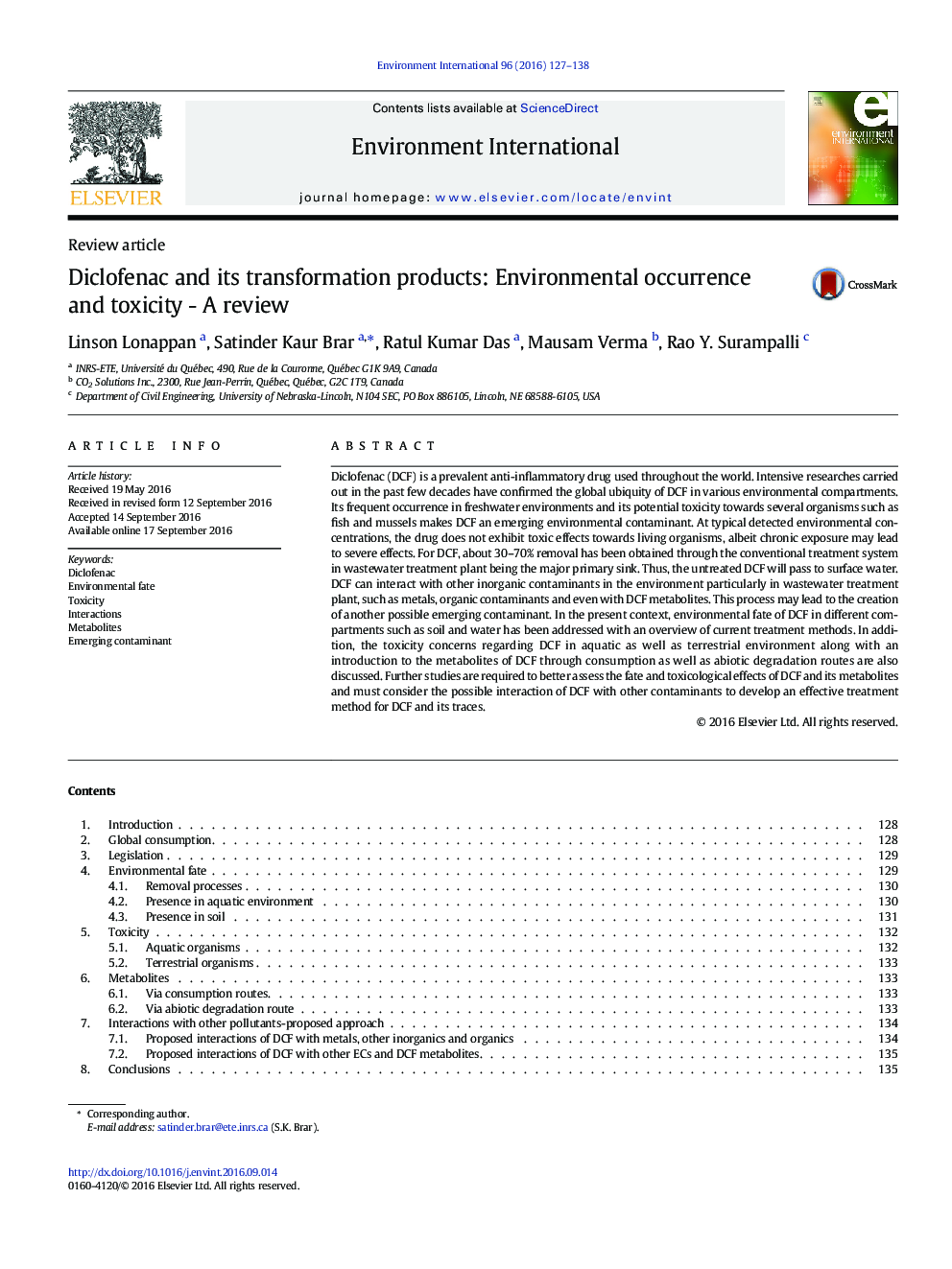 Review articleDiclofenac and its transformation products: Environmental occurrence and toxicity - A review