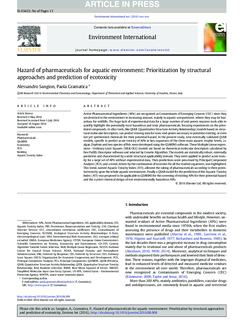 Hazard of pharmaceuticals for aquatic environment: Prioritization by structural approaches and prediction of ecotoxicity