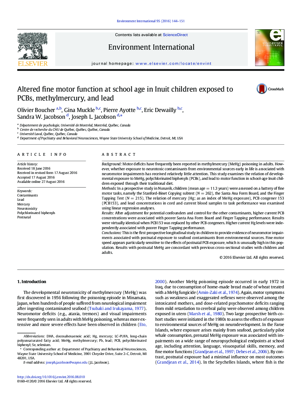 Altered fine motor function at school age in Inuit children exposed to PCBs, methylmercury, and lead