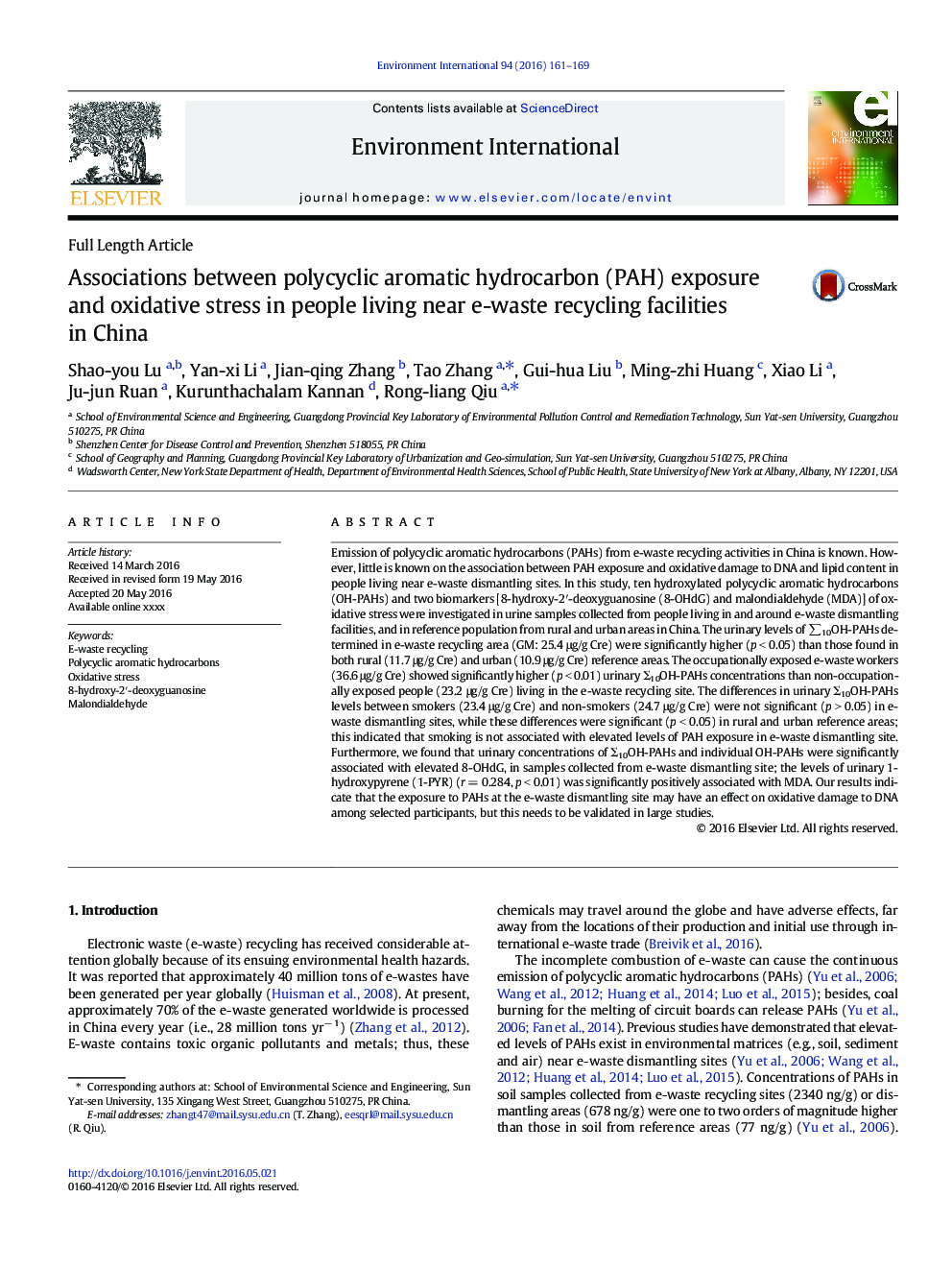 Associations between polycyclic aromatic hydrocarbon (PAH) exposure and oxidative stress in people living near e-waste recycling facilities in China