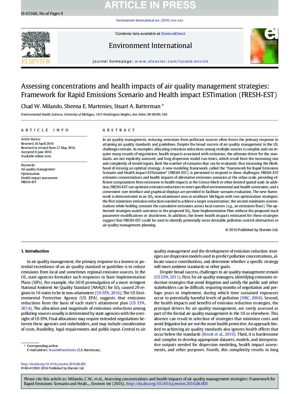 Assessing concentrations and health impacts of air quality management strategies: Framework for Rapid Emissions Scenario and Health impact ESTimation (FRESH-EST)