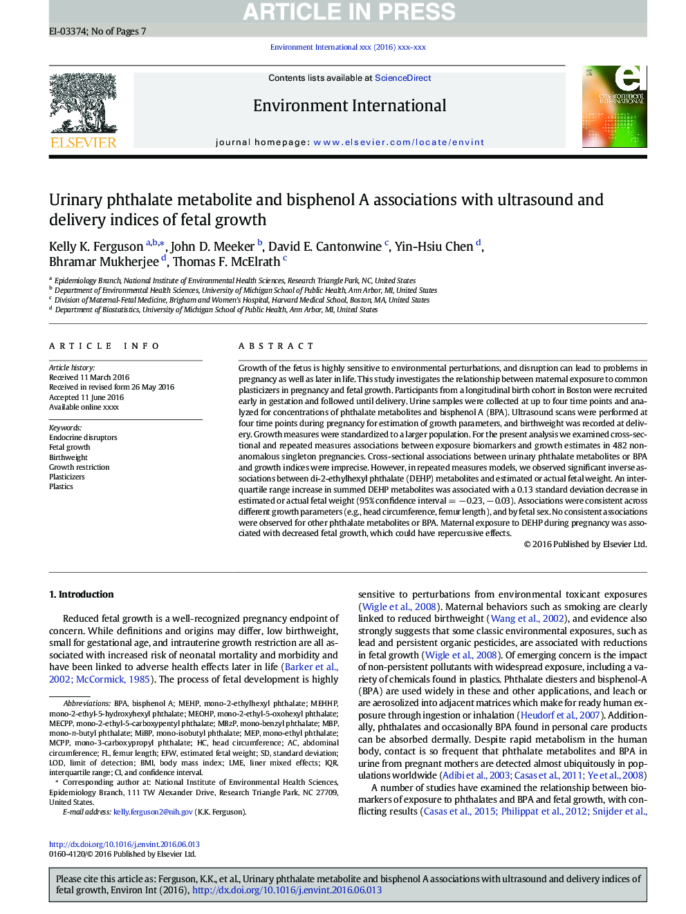 Urinary phthalate metabolite and bisphenol A associations with ultrasound and delivery indices of fetal growth