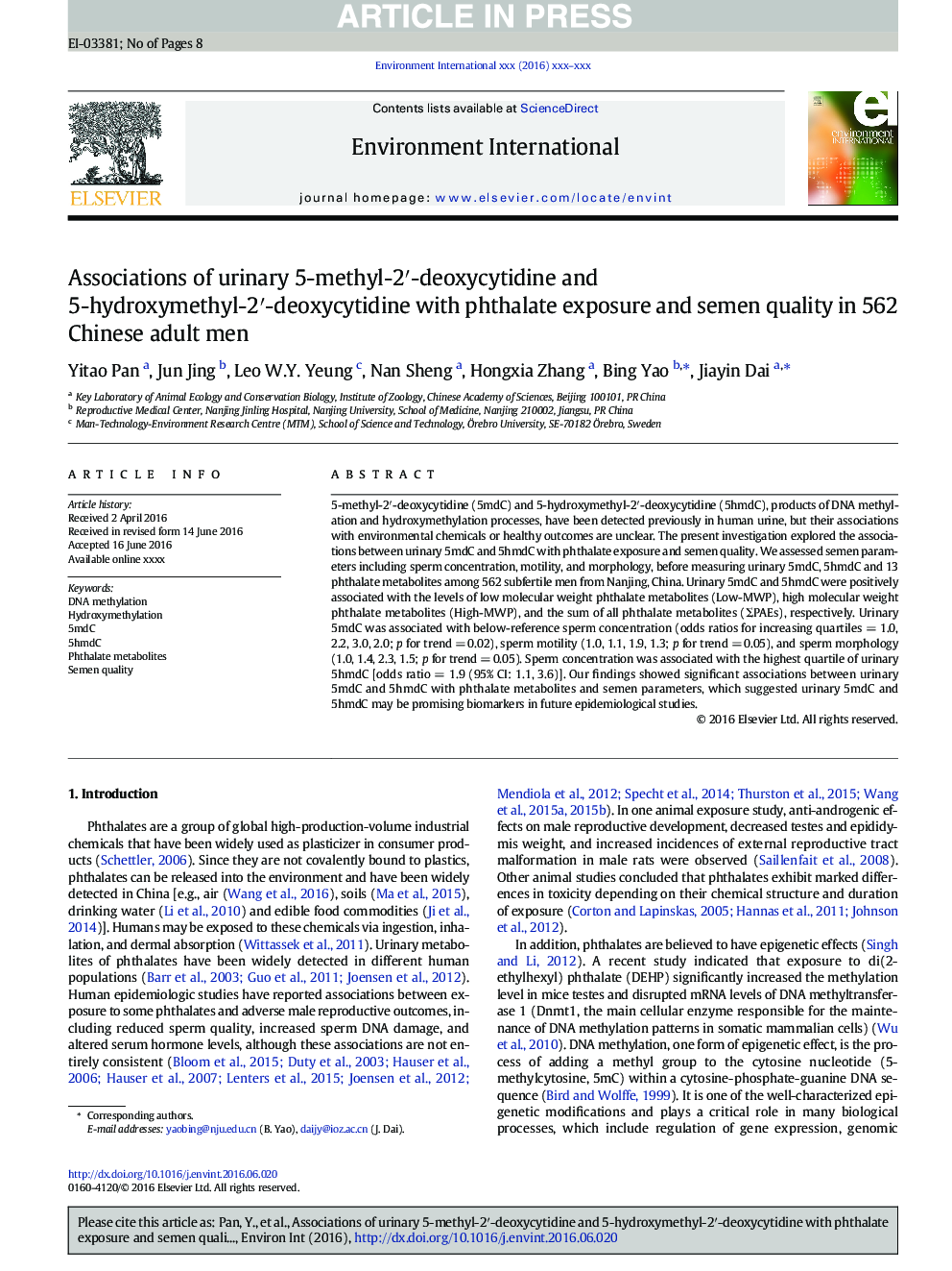 عکس صفحه اول مقاله: Associations of urinary 5-methyl-2â²-deoxycytidine and 5-hydroxymethyl-2â²-deoxycytidine with phthalate exposure and semen quality in 562 Chinese adult men Associations of urinary 5-methyl-2â²-deoxycytidine and 5-hydroxymethyl-2â²-deoxycytidine with phthalate exposure and semen quality in 562 Chinese adult men