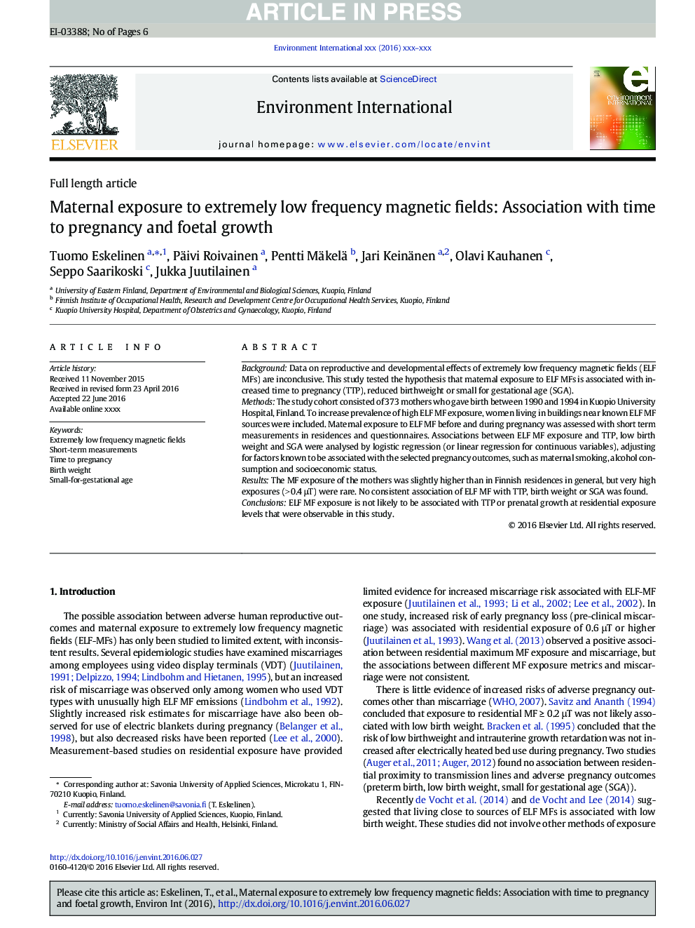 Maternal exposure to extremely low frequency magnetic fields: Association with time to pregnancy and foetal growth