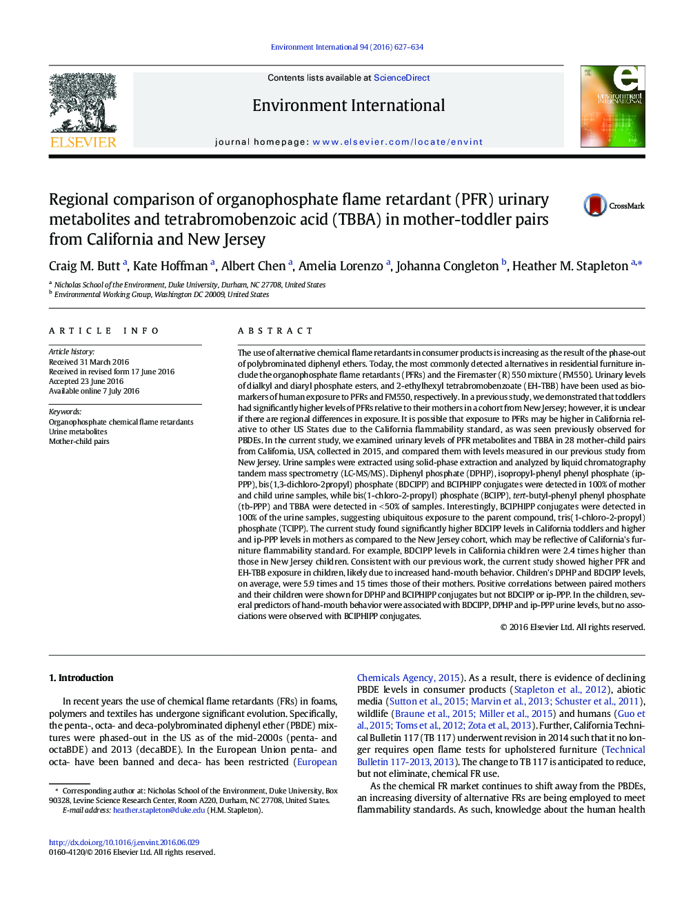 Regional comparison of organophosphate flame retardant (PFR) urinary metabolites and tetrabromobenzoic acid (TBBA) in mother-toddler pairs from California and New Jersey