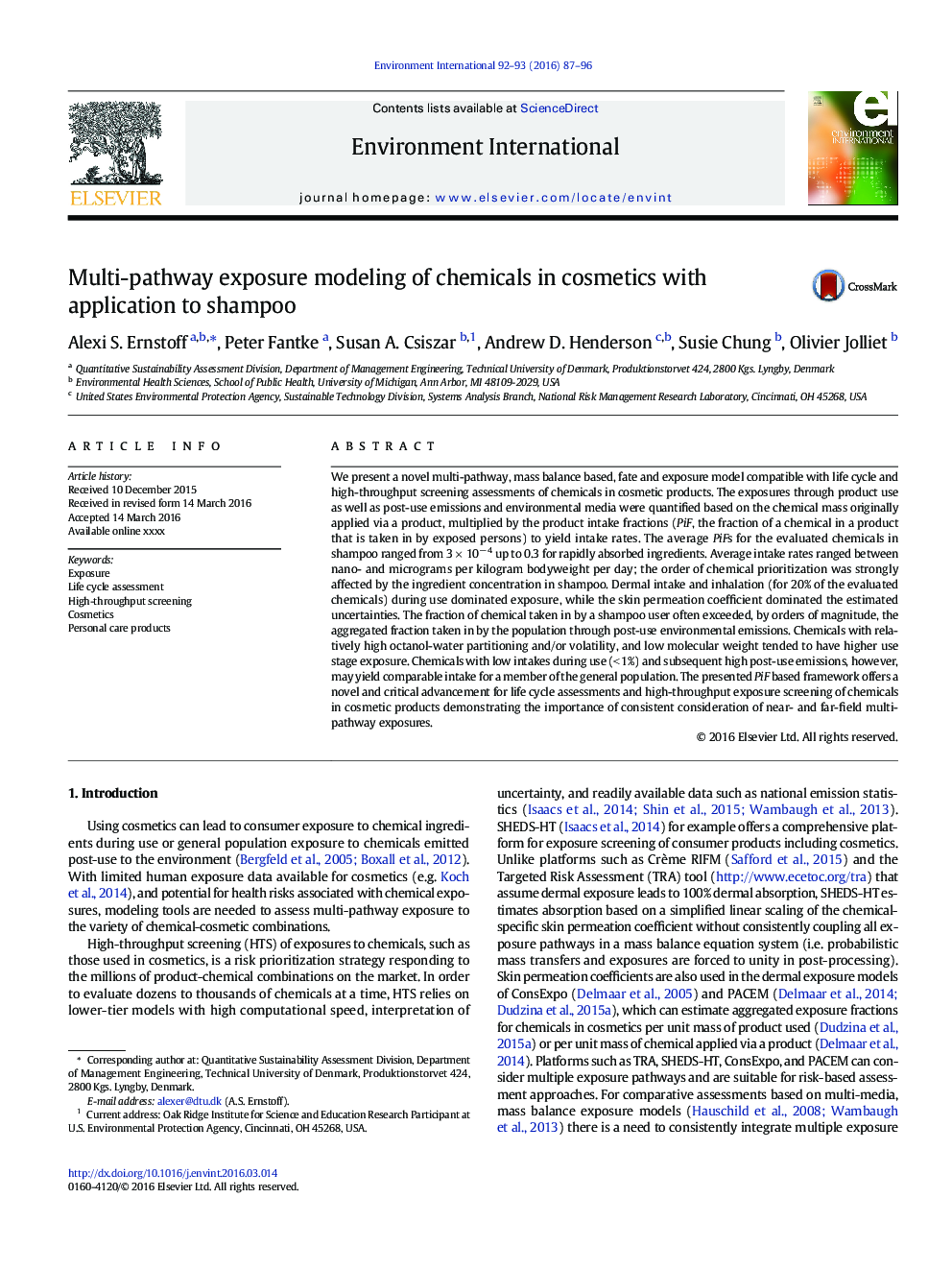 Multi-pathway exposure modeling of chemicals in cosmetics with application to shampoo