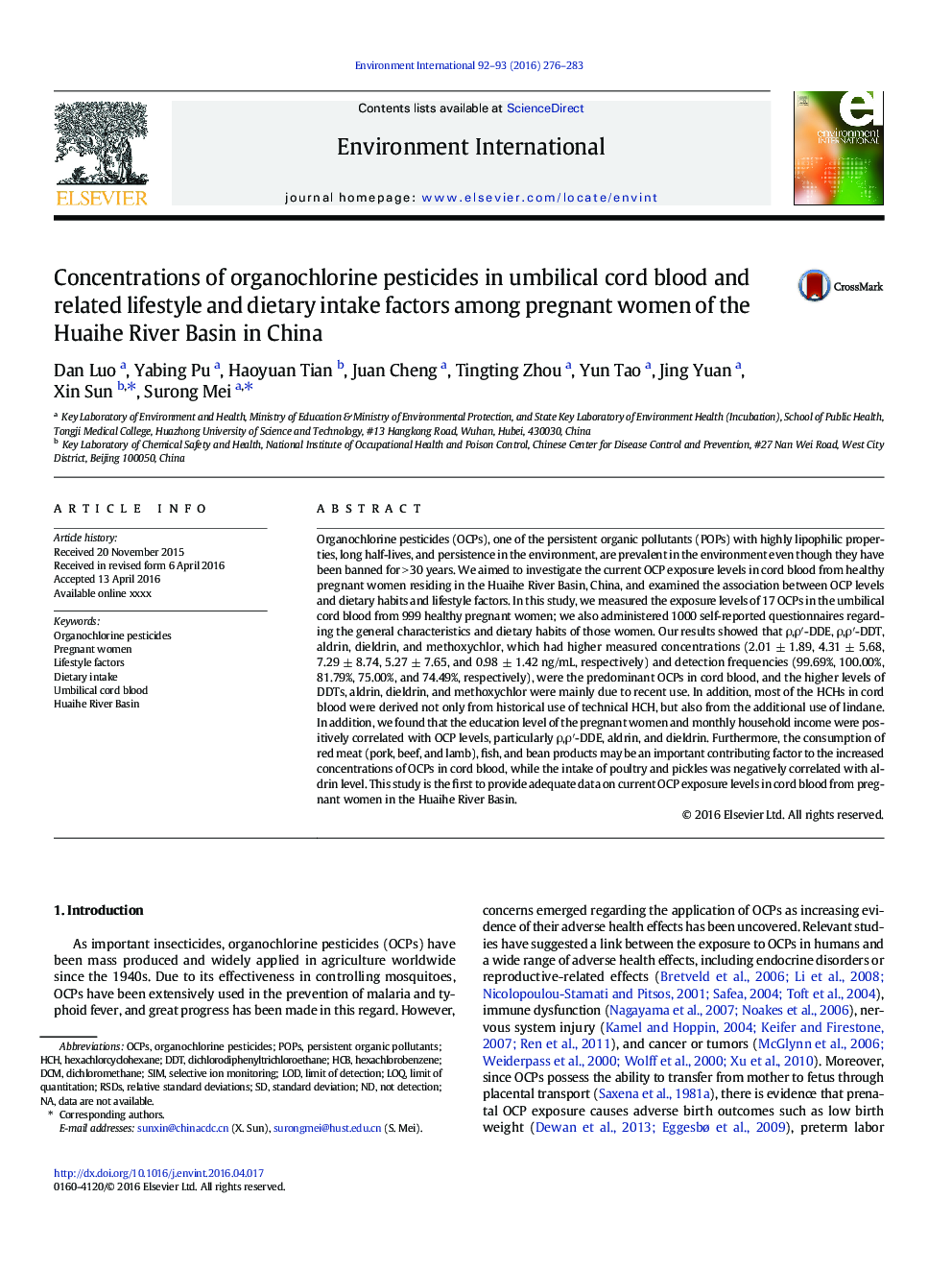 Concentrations of organochlorine pesticides in umbilical cord blood and related lifestyle and dietary intake factors among pregnant women of the Huaihe River Basin in China