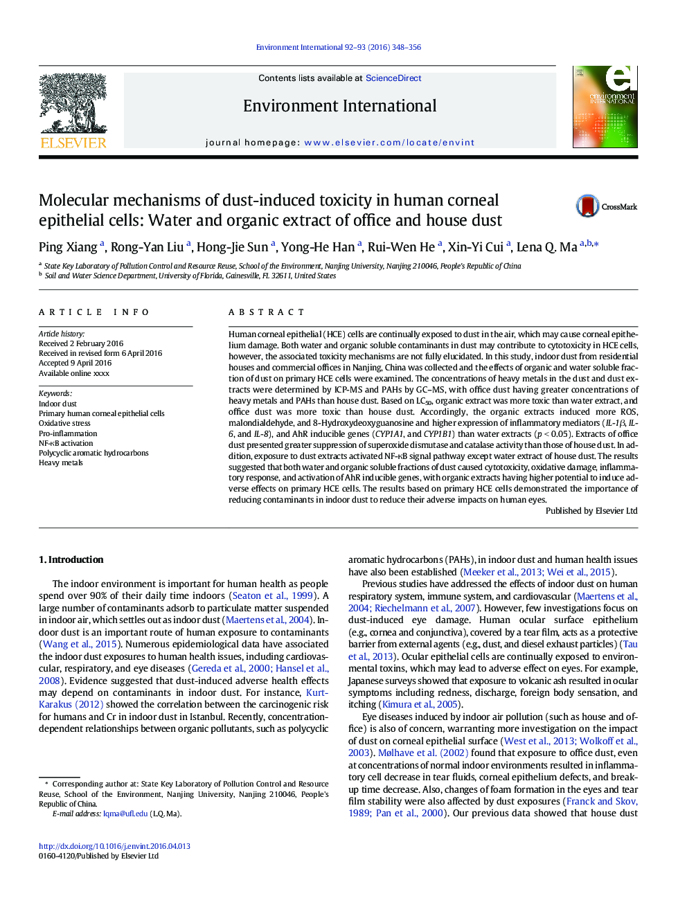 Molecular mechanisms of dust-induced toxicity in human corneal epithelial cells: Water and organic extract of office and house dust