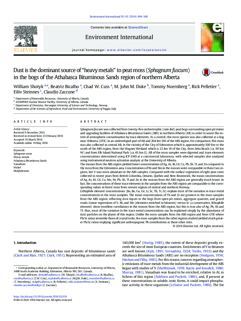 Dust is the dominant source of “heavy metals” to peat moss (Sphagnum fuscum) in the bogs of the Athabasca Bituminous Sands region of northern Alberta