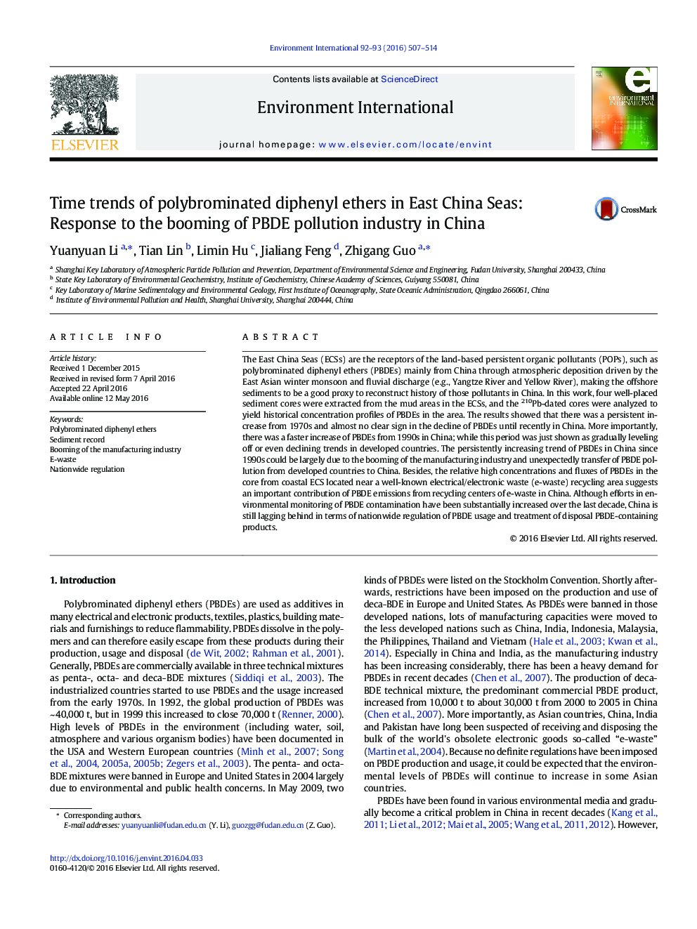 Time trends of polybrominated diphenyl ethers in East China Seas: Response to the booming of PBDE pollution industry in China