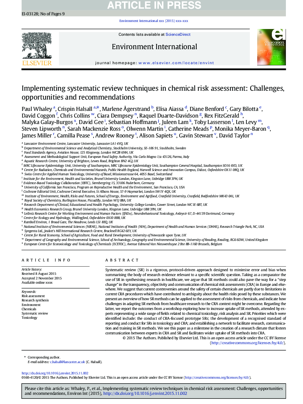 Implementing systematic review techniques in chemical risk assessment: Challenges, opportunities and recommendations