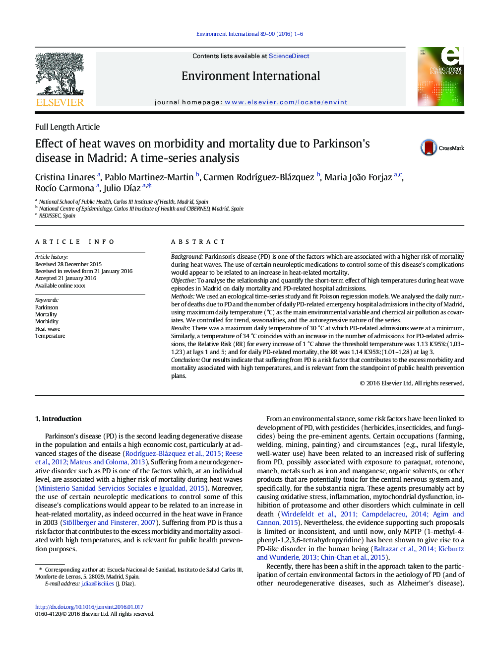 Effect of heat waves on morbidity and mortality due to Parkinson's disease in Madrid: A time-series analysis