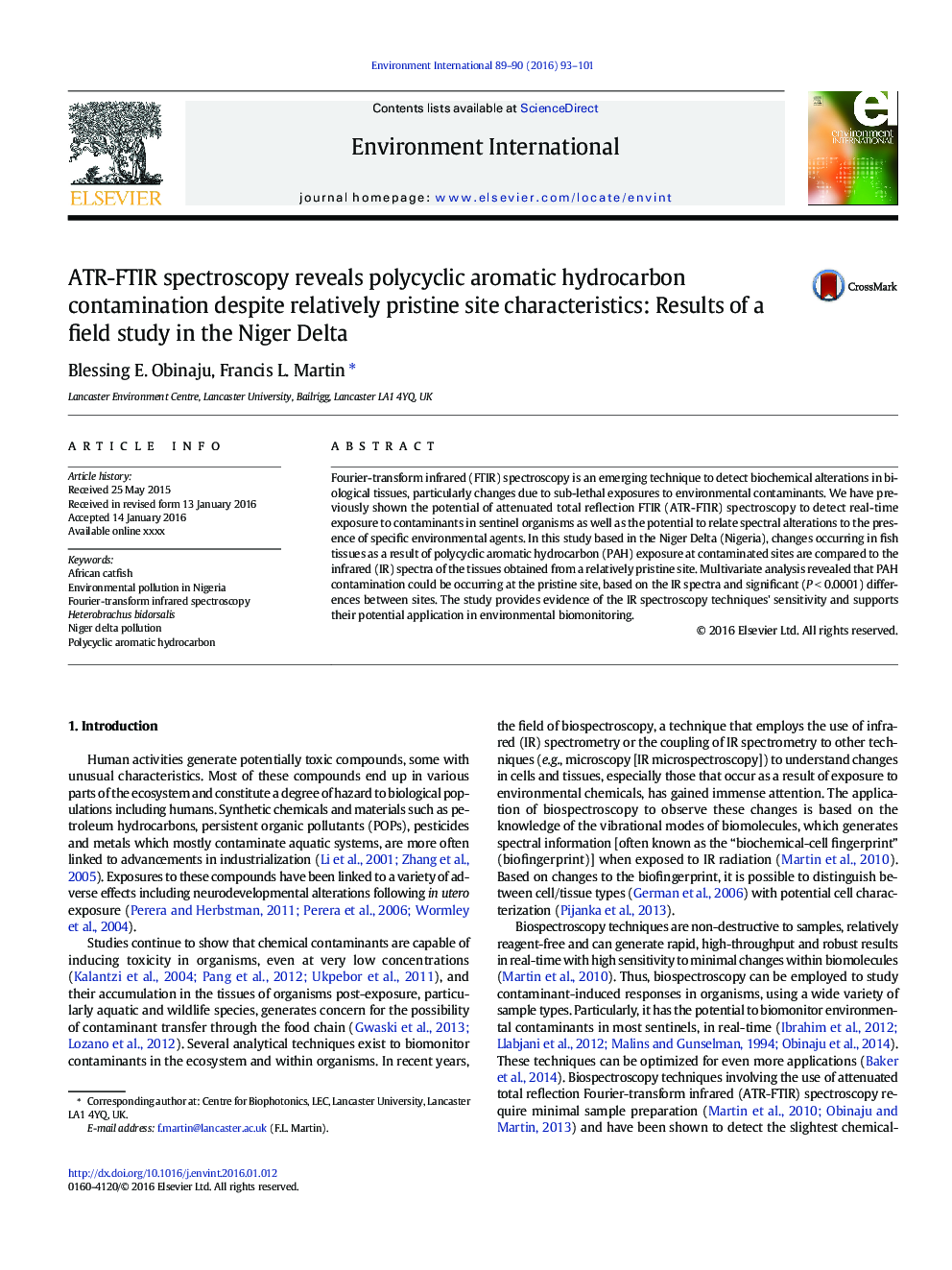 ATR-FTIR spectroscopy reveals polycyclic aromatic hydrocarbon contamination despite relatively pristine site characteristics: Results of a field study in the Niger Delta