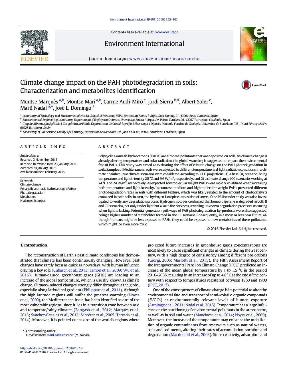 Climate change impact on the PAH photodegradation in soils: Characterization and metabolites identification