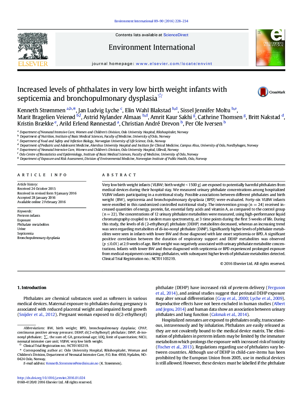 Increased levels of phthalates in very low birth weight infants with septicemia and bronchopulmonary dysplasia