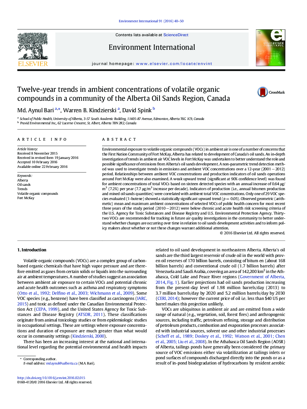 Twelve-year trends in ambient concentrations of volatile organic compounds in a community of the Alberta Oil Sands Region, Canada