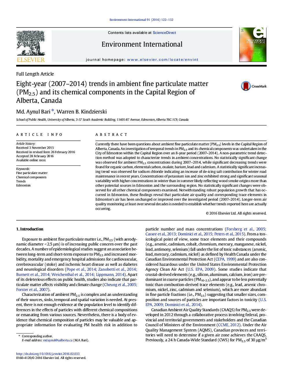 Eight-year (2007-2014) trends in ambient fine particulate matter (PM2.5) and its chemical components in the Capital Region of Alberta, Canada